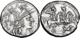C. Antestius. Denarius, 146 BC. Obv. Helmeted head of Roma right; behind, C. ANTESTI (ANTE ligate); below chin, X. Rev. The Dioscuri galloping right; ...