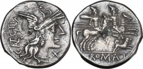 C. Antestius. Fourreé Denarius, 146 BC. Obv. Helmeted head of Roma right; behind, C. ANTESTI (ANTE ligate); below chin, X. Rev. The Dioscuri galloping...