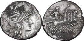 T. Annius Rufus. AR Denarius, Rome mint, 144 BC. Obv. Helmeted head of Roma right; on the left, X. Rev. Jupiter in biga right; below, AN RVF (AN and V...