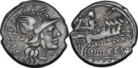 C. Curiatius Trigeminus. AR Denarius, 142 BC. Obv. Helmeted head of Roma right; behind, TRIGE; below chin, X. Rev. Juno in quadriga right, crowned by ...
