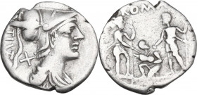 Ti. Veturius. AR Denarius, 137 BC. Obv. Draped bust of Mars right, X and TI. VET (ligate) behind. Rev. Sacerdos fecialis kneeling left, between two wa...