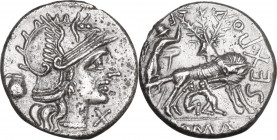 Sex. Pompeius Fostlus. Denarius, 137 BC. Obv. Helmeted head of Roma right; behind, jug; below chin, X. Rev. She-wolf suckling twins; behind, ficus Rum...