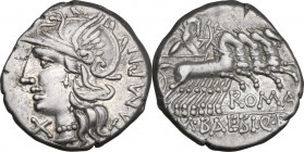 M. Baebius Q. f. Tampilus. Denarius, 137 BC. Obv. Helmeted head of Roma left with necklace of beads; behind, TAMPIL; below chin, X. Rev. Apollo in qua...