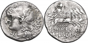 M. Baebius Q. f. Tampilus. Fourrèe Denarius, 137 BC. Obv. Helmeted head of Roma left. Rev. Apollo in quadriga right holding bow and arrow; below, ROMA...