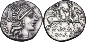 Cn. Lucretius Trio. AR Denarius, 136 BC. Obv. Helmeted head of Roma right; behind, TRIO; below chin, X. Rev. The Dioscuri galloping right; below, CN. ...