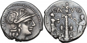 C. Minucius Augurinus. Denarius, 135 BC. Obv. Helmeted head of Roma right; behind, ROMA; below chin, X. Rev. Ionic column surmounted by statue, holdin...