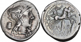 M. Marcius Mn. f. Denarius, 134 BC. Obv. Helmeted head of Roma right; behind, modius; below chin, barred X. Rev. Victory in biga right; below, M·MARC/...