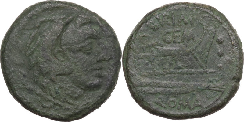 M. Aburius M.f. Geminus. AE Quadrans, 132 BC. Obv. Head of Hercules right; behin...