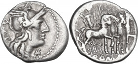 M. Vargunteius. AR Denarius, 130 BC. Obv. Helmeted head of Roma right, M. VARG behind, barred X below chin. Rev. Jupiter in walking quadriga right; in...
