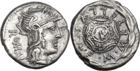 M. Caecilius Q. f. Q. n. Metellus. AR Denarius, 127 BC. Obv. Helmeted head of Roma right; behind, ROMA downward; below chin, barred X. Rev. M. METELLV...
