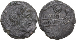 M. Caecilius Q.f. Q.n. Metellus. AE Semis, 127 BC. Obv. Laureate head of Saturn right, S behind. Rev. Prow right; above, Macedonian shield and before,...