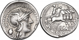 C. Cassius. AR Denarius, 126 BC. Obv. Helmeted head of Roma right; behind, barred, X and voting-urn. Rev. Libertas in quadriga right; below, C·CASSI; ...