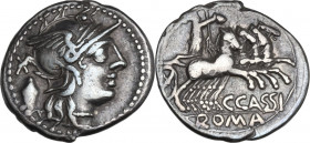 C. Cassius. AR Denarius, 126 BC. Obv. Helmeted head of Roma right; behind, barred, X and voting-urn. Rev. Libertas in quadriga right; below, C·CASSI; ...
