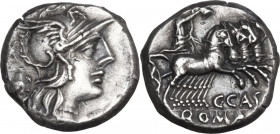 C. Cassius. Denarius, 126 BC. Obv. Helmeted head of Roma right; behind, barred, X and voting-urn. Rev. Libertas in quadriga right; below, C·CASSI; in ...