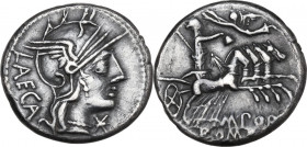 M. Porcius Laeca. Denarius, 125 BC. Obv. Helmeted head of Roma right; behind, LAECA; below chin, barred X. Rev. Libertas in quadriga right, crowned by...