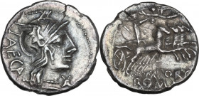 M. Porcius Laeca. Denarius, 125 BC. Obv. Helmeted head of Roma right; behind, LAECA; below chin, barred X. Rev. Libertas in quadriga right, crowned by...