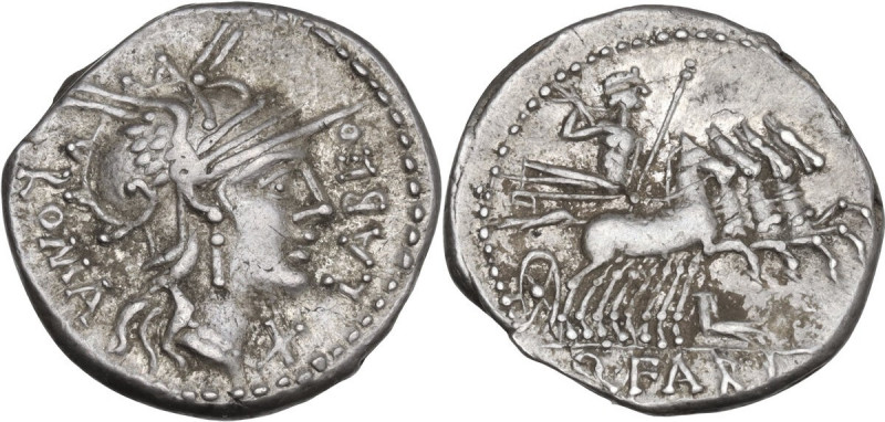 Q. Fabius Labeo. Denarius, 124 BC. Obv. Helmeted head of Roma right; behind, ROM...