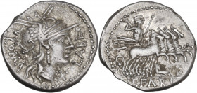 Q. Fabius Labeo. Denarius, 124 BC. Obv. Helmeted head of Roma right; behind, ROMA; before, X and LABEO. Rev. Jupiter in quadriga right; usually below,...
