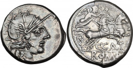 C. Porcius Cato. AR Denarius, Rome mint, 123 BC. Obv. Helmeted head of Roma right; behind, X. Rev. Victory in biga right; below, C·CATO; in exergue, R...