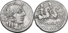 Q. Minucius Rufus. AR Denarius, 122 BC. Obv. Helmeted head of Roma right; behind, RVF; below chin, X. Rev. The Dioscuri galloping right; below, Q·MINV...