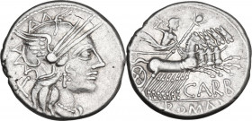 Cn. Papirius Carbo. Denarius, 121 BC. Obv. Helmeted head of Roma right; behind, X. Rev. Jupiter in quadriga right; below, CARB; in exergue, ROMA. Cr. ...
