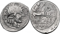 Cn. Carbo. AR Denarius, 121 BC. Obv. Helmeted head of Roma right; behind, X. Rev. Jupiter in quadriga right, holding reins and sceptre and hurling thu...