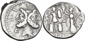 M. Furius L.f. Philus. AR Denarius, 119 BC. Obv. M. FOVRI. L. F. Laureate head of Janus. Rev. Roma standing left erecting trophy; to right, ROMA; in e...