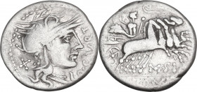 Q. Curtius and M. Silanus. Denarius, 116 or 115 BC. Obv. Helmeted head of Roma right; behind, X; before, Q·CVRT. Rev. Jupiter in quadriga right; above...