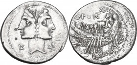 C. Fonteius. Denarius, 114 or 113 BC. Obv. Laureate Janiform head of Dioscuri; on left, control-mark; on right, barred X. Rev. Galley with pilot and r...