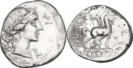 Mn. Aemilius Lepidus. AR Denarius, 114 or 113 BC. Obv. Laureate, diademed and draped head of Roma(?) right. Rev. Equestrian statue on triumphal arch; ...