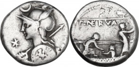 P. Nerva. Denarius, 113 or 112 BC. Obv. Helmeted bust of Roma left; holding shield and spear over shoulder; before, barred X; above, crescent; behind,...