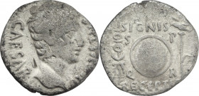 Augustus (27 BC - 14 AD). AR Denarius, Spain, 19 BC. Obv. Head right, bare. Rev. Clipeus virtutis between aquila and signum. RIC I (2nd ed.) 86a. AR. ...