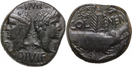 Augustus (27 BC - 14 AD) with Agrippa. AE As, Nemausus mint, c. 16 -10 BC. Obv. Heads of Agrippa, wearing combined rostral crown and laurel wreath, to...