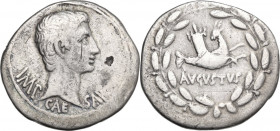 Augustus (27 BC - 14 AD). AR Cistophorus, Ephesus mint, 24-20 BC. Obv. Head right. Rev. Capricorn right, head turned back, holding cornucopiae; all in...