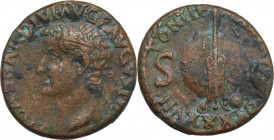 Tiberius (14-37). AE As, 35-36. Obv. Laureate head left. Rev. Rudder on globe. RIC I (2nd ed.) 58. AE. 10.94 g. 25.00 mm. Brown patina with green depo...