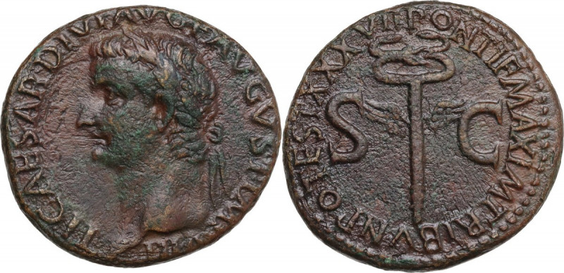 Tiberius (14-37). AE As, 35-36. Obv. Laureate head left. Rev. S C across field, ...