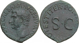 Drusus (died 23 AD). AE As. Struck under Tiberius, 23 AD. Obv. Bare head left. Rev. Legend around large SC. RIC I (2nd ed.) (Tib.) 45. AE. 10.69 g. 28...