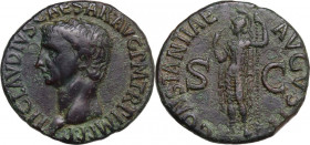 Claudius (41-54). AE As, 42-43. Obv. Bare head left. Rev. Constantia standing left, raising hand and holding spear. RIC I (2nd ed.) 111. AE. 11.20 g. ...