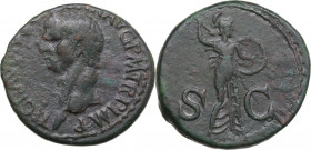 Claudius (41-54). AE As, 42-43. Obv. Bare head left. Rev. S-C. Minerva advancing right, brandishing spear and holding round shield. RIC I (2nd ed.) 11...