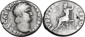 Nero (54-68). AR Denarius, Rome mint, c. 64-65 AD. Obv. NERO CAESAR AVGVSTVS. Laureate head right. Rev. IVPPITER CVSTOS. Jupiter seated left, holding ...
