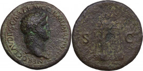 Nero (54-68). AE Sestertius. Rome mint. Struck circa AD 64. Obv. Laureate head right, wearing aegis. Rev. Triumphal arch surmounted by statue of emper...