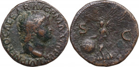 Nero (54-68). AE As, struck c. 64 AD. Obv. Laureate head right. Rev. Victory flying left, holding in both hands shield inscribed SPQR. RIC I (2nd ed.)...