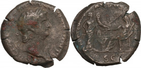 Nero (54-68). AE Sestertius. Lugdunum (Lyon) mint. Struck circa 66 AD. Obv. Laureate head right, globe at point of bust. Rev. Annona standing right, h...