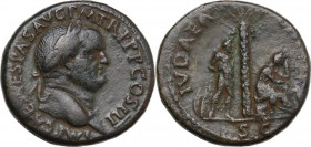 Vespasian (69-79). AE Sestertius, 71 AD. Obv. Laureate head right. Rev. Judaea seated right on cuirass under palm tree in attitude of mourning; to lef...