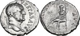 Vespasian (69-79). AR Denarius, Ephesus mint, 74 AD. Obv. IMP CAESAR VESPAS AVG. Laureate head right. Rev. CONCORDIA AVG. Ceres, veiled, seated left o...