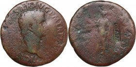 Vespasian (69 -79). AE Sestertius (of Claudius). Countermark applied during the reign of Vespasian, AD 69-79(?). Obv. Bare head right. Rev. Spes stand...