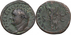 Titus (79-81). AE As, 80-81 AD. Obv. Laureate head right. Rev. Aeternitas standing right, foot on globe, holding cornucopiae and sceptre. RIC II-p. 1 ...