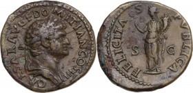 Domitian as Caesar (69-79). AE Dupondius. Struck under Vespasian, AD 75-early 76. Obv. Laureate and draped bust right. Rev. Felicitas standing left, h...