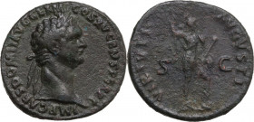 Domitian (81-96). AE As, 86 AD. Obv. Laureate bust right. Rev. Virtus standing right, foot on helmet, holding spear and parazonium. RIC II-p. 1 (2nd e...