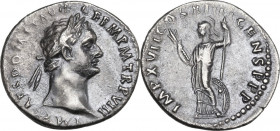 Domitian (81-96). AR Denarius, 88-89. Obv. Laureate head right. Rev. Minerva standing left, holding thunderbolt and spear; to right, shield. RIC II-p....